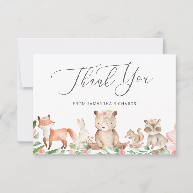 Cute Woodland Animals Pink Floral Girl Baby Shower Thank You Card (Front)