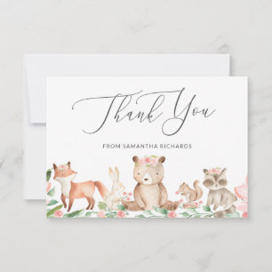 Cute Woodland Animals Pink Floral Girl Baby Shower Thank You Card