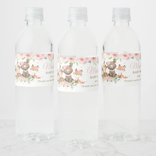 Cute Woodland Animals Pink Floral Girl Baby Shower Water Bottle Label (Bottles)