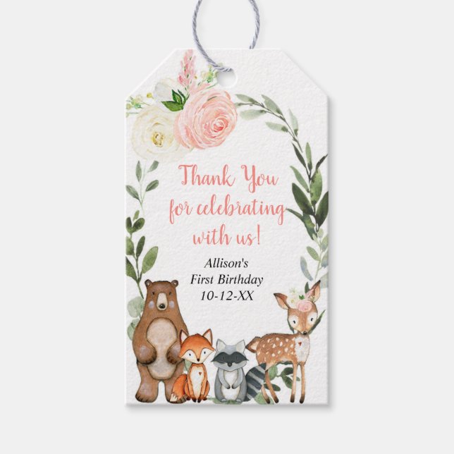Cute woodland animals pink greenery girl birthday gift tags (Front)