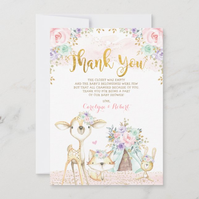Cute Woodland Animals Pink Mint Gold Floral Thank You Card (Front)