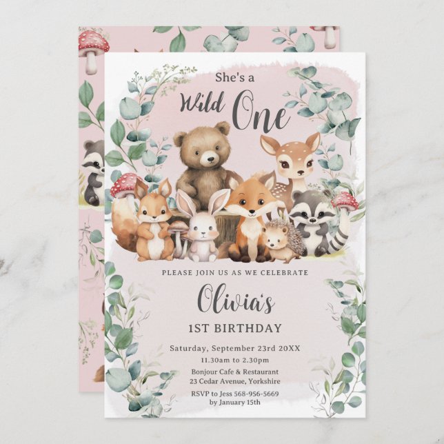 Cute Woodland Animals Pink Wild One 1st Birthday Invitation (Front/Back)