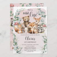 Cute Woodland Animals Pink Wild One 1st Birthday