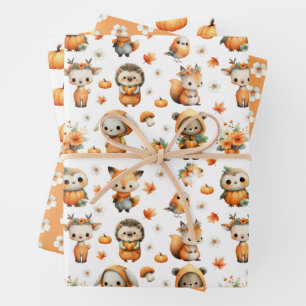 Cute Woodland Animals, Pumpkins, Daisy Autumn Fall Wrapping Paper Sheet