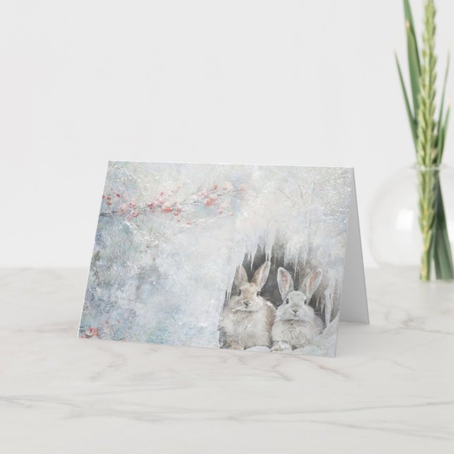 Cute Woodland Animals Rabbits In Snow Greeting  Card (Front)
