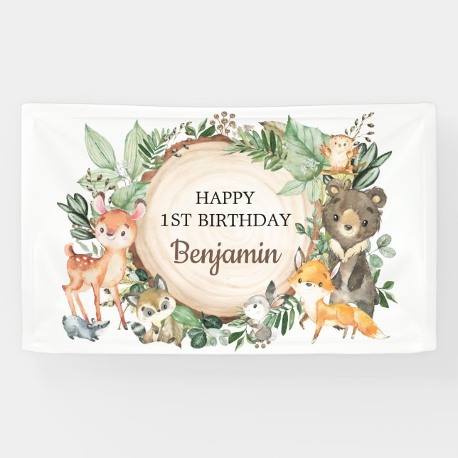 Cute Woodland Animals Rustic Greenery 1st Birthday Banner (Horizontal)