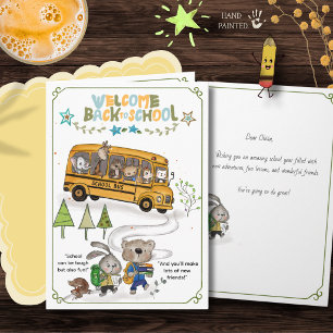 Cute Woodland Animals School Bus Back to School Holiday Card