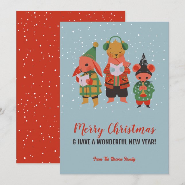 Cute Woodland Animals Sing Carol Merry Christmas Holiday Card (Front/Back)