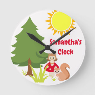 Cute Woodland Animals Squirrel & Owl Baby Nursery Round Clock