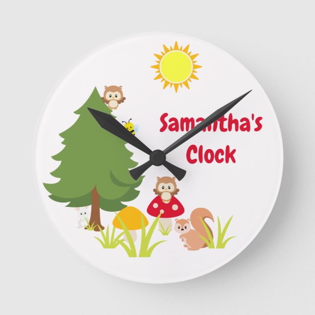 Cute Woodland Animals Squirrel & Owl Baby Nursery Round Clock (Front)