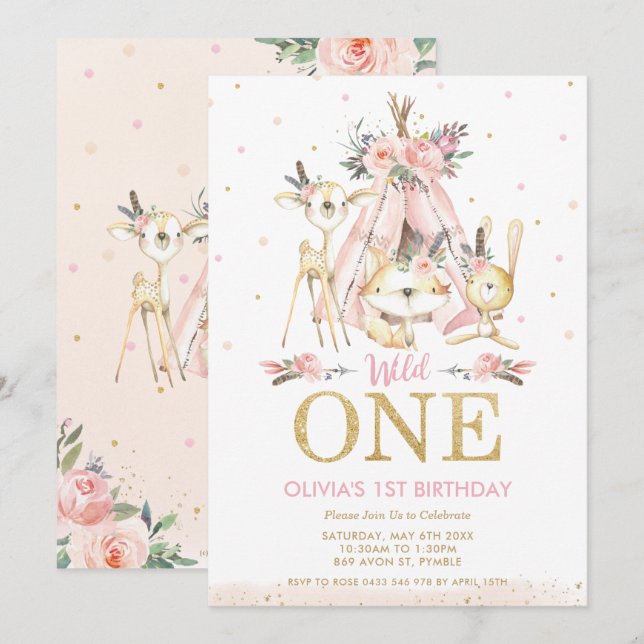 Cute Woodland Animals Tribal Girl One 1st Birthday Invitation (Front/Back)