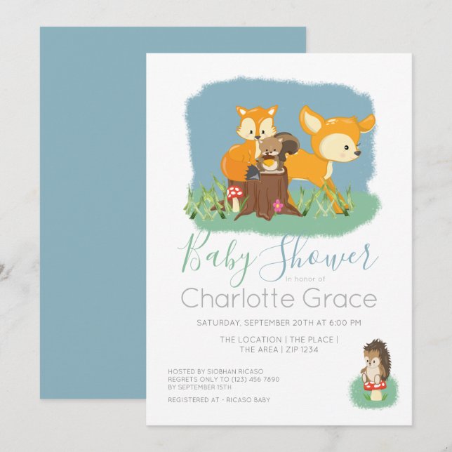 Cute Woodland Animals Unisex Baby Shower Invitation (Front/Back)