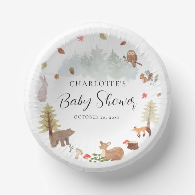 Cute Woodland Animals Watercolor Baby Shower Paper Plate (Front)