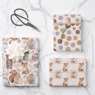 Cute Woodland animals Watercolor Birthday Wrapping Paper Sheet