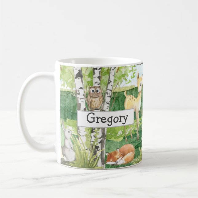 Cute Woodland Animals Watercolor Custom Name Mug (Left)