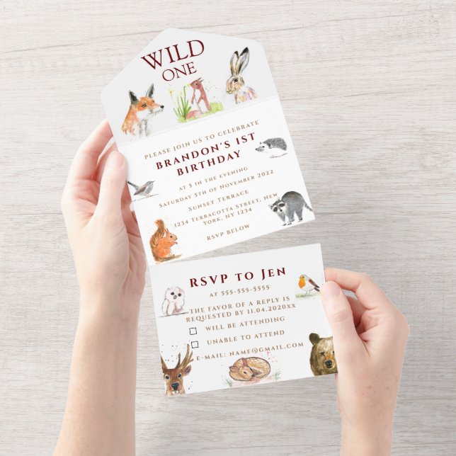 Cute Woodland Animals Wild One 1st Birthday Boy All In One Invitation (Tearaway)