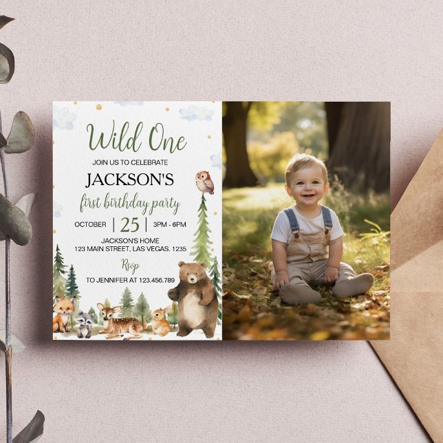 Cute Woodland Animals Wild One 1st Birthday Photo Invitation (Creator Uploaded)