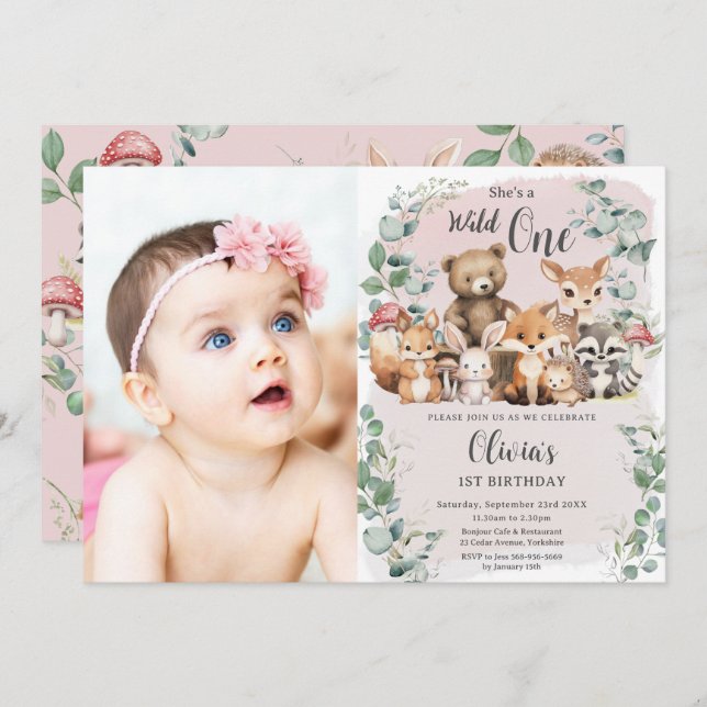 Cute Woodland Animals Wild One 1st Birthday Photo Invitation (Front/Back)
