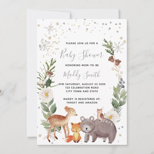 Cute Woodland Animals Winter Baby Shower Invitation (Front)