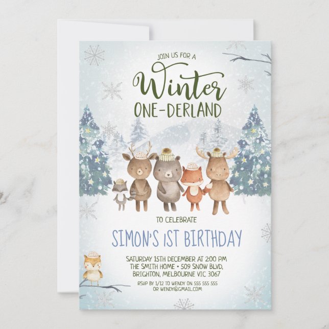 Cute Woodland Animals Winter Onederland Birthday Invitation (Front)