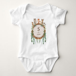 Cute Woodland Animals Wreath Custom Monogram Baby Bodysuit