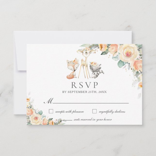 Cute Woodland Animals Yellow Floral Greenery  RSVP Card (Front)