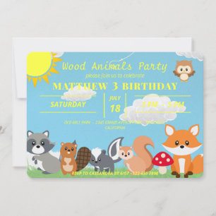 Cute Woodland Animals Yellow Sun White Clouds Invitation