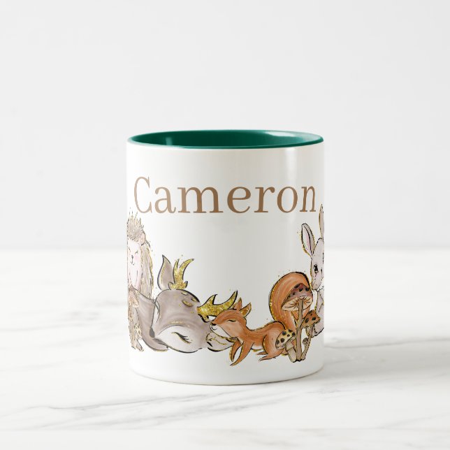 Cute Woodland Baby Animals Custom Name Two-Tone Coffee Mug (Center)