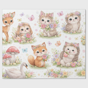 Cute Woodland Baby Animals Floral Wrapping Paper