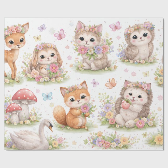 Cute Woodland Baby Animals Floral Wrapping Paper (Flat)