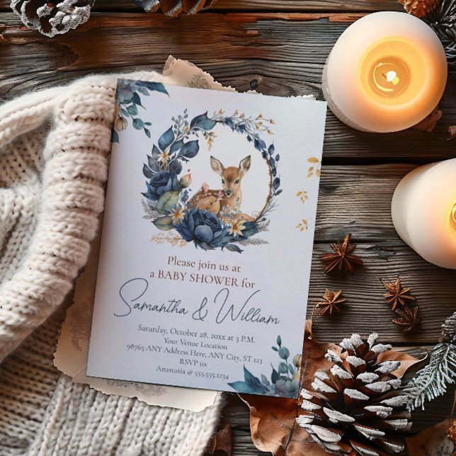 Cute Woodland Baby Deer Blue Floral Leaves Invitation (Creator Uploaded)