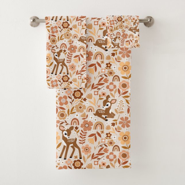 Cute Woodland Baby Deer Floral Pattern Bath Towel Set (Insitu)