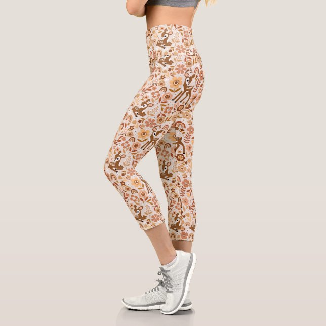 Cute Woodland Baby Deer Floral Pattern Capri Leggings (Left)