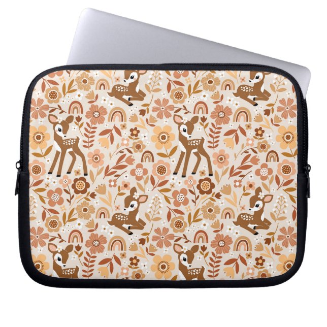 Cute Woodland Baby Deer Floral Pattern Laptop Sleeve (Front)