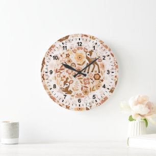 Cute Woodland Baby Deer Floral Pattern Large Clock