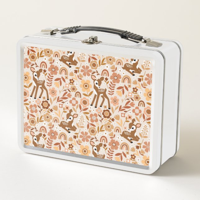Cute Woodland Baby Deer Floral Pattern Metal Lunch Box (Front)