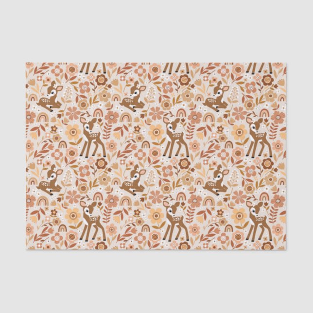 Cute Woodland Baby Deer Floral Pattern Tissue Paper (Front)