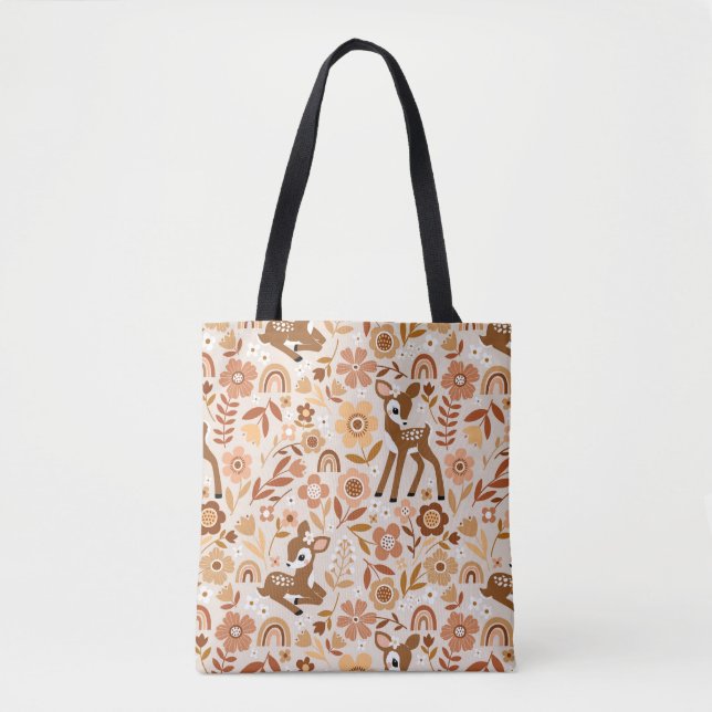 Cute Woodland Baby Deer Floral Pattern Tote Bag (Front)