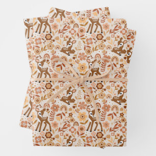 Cute Woodland Baby Deer Floral Pattern Wrapping Paper Sheet