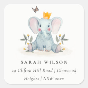 Cute Woodland Baby Elephant Foliage Address Square Sticker