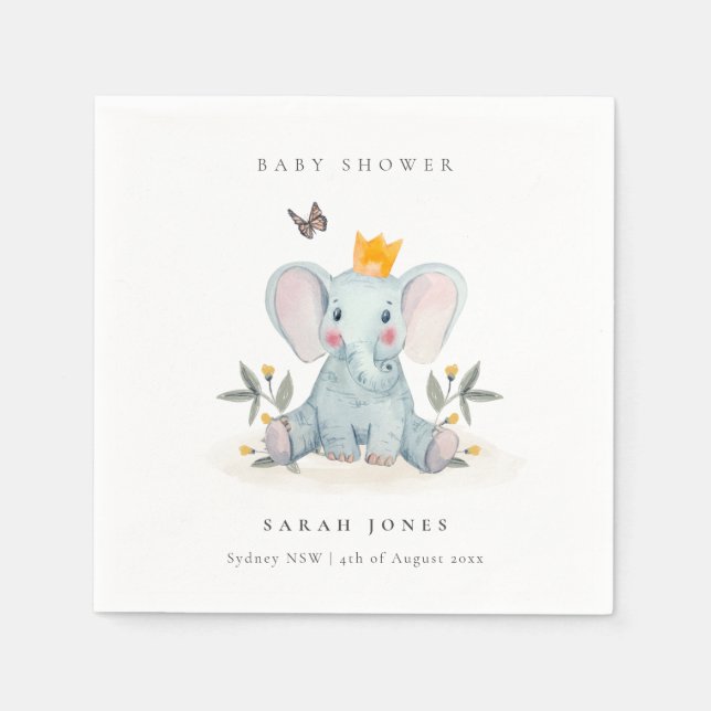 Cute Woodland Baby Elephant Foliage Baby Shower  Napkin (Front)