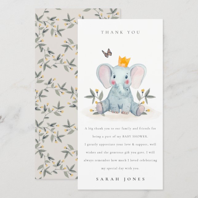 Cute Woodland Baby Elephant Foliage Baby Shower  Thank You Card (Front/Back)