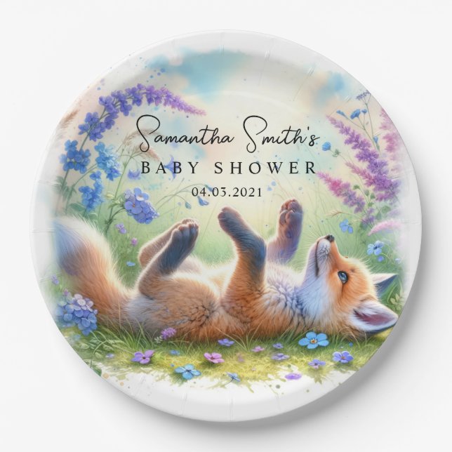 Cute Woodland Baby Fox Baby Shower Paper Plate (Front)