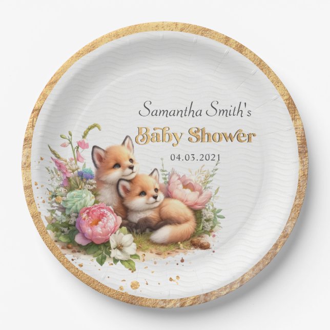 Cute Woodland Baby Foxes Spring Baby Shower Paper Plate (Front)