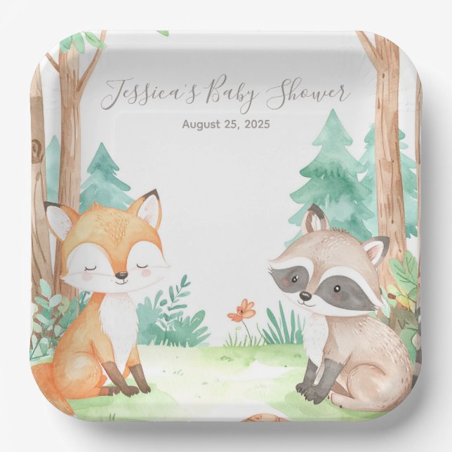 Cute Woodland Baby Shower Theme Invitation Paper Plate (Front)