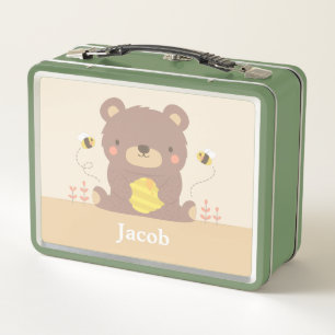 Cute Woodland Bear And Bees Kids Personalised Metal Lunch Box