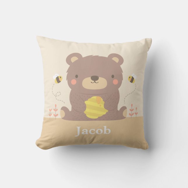 Cute Woodland Bear and Bees Nursery Room Decor Cushion (Front)