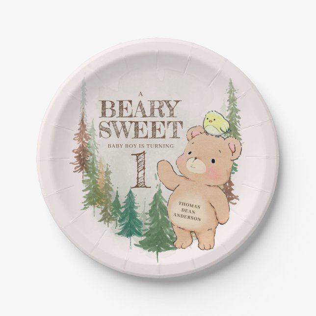 Cute Woodland Bear Birthday Paper Plate (Front)