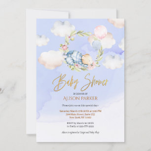 Cute Woodland Bear Floral Blue Sky Baby Shower Invitation