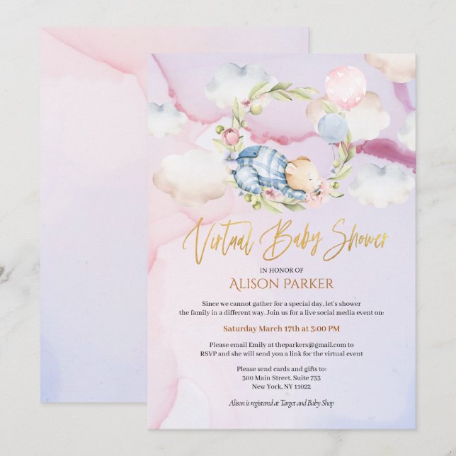 Cute Woodland Bear Floral Pink Sky Virtual Shower Invitation (Front/Back)